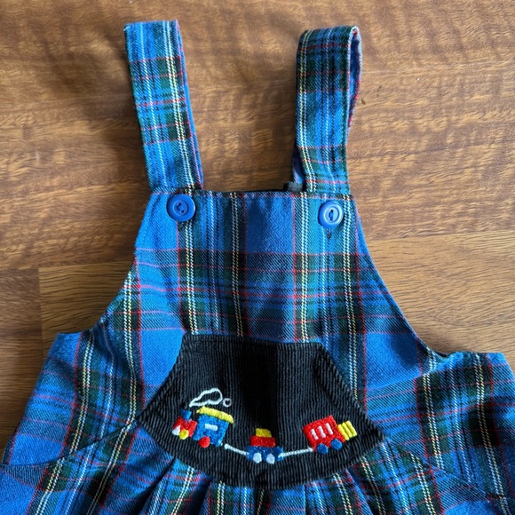 Vintage Plaid Romper Overalls 90s Y2K Blue Red Train 12 Months Baby Toddler Boy - Picture 4 of 7